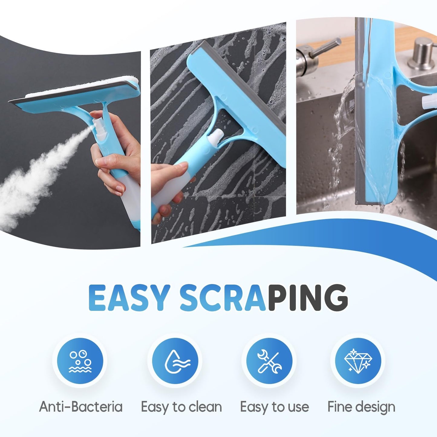 2026 New 3-in-1 Window Cleaning Tool, Multi-Function Spray Squeegee for Glass Doors, Windows, and Mirrors — Includes Scraper, Brush, and Spray Function. All-Purpose Glass Cleaner.