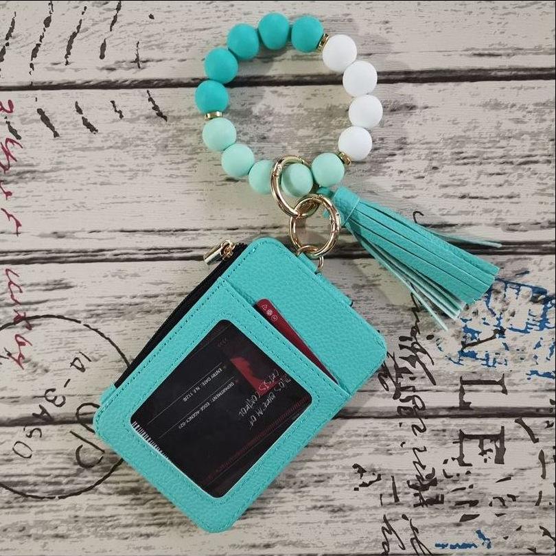 Beaded Keychain Wallet – Silicone Beaded Wristlet with Card Holder, Tassel & Key Ring, Black / Mint Green / Floral Dark Green