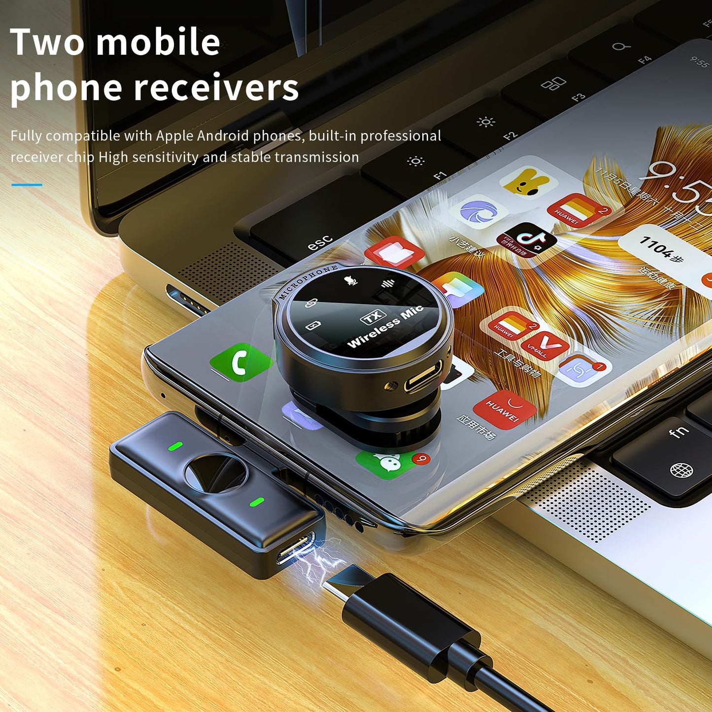 Portable Dual Transmitter Audio Pack — Works with iPhone 15/16, Android, iPad; Noise-Cancel & One-Step Setup