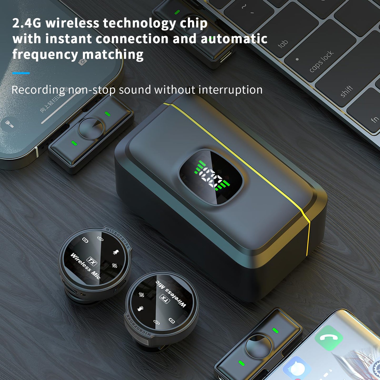 Portable Dual Transmitter Audio Pack — Works with iPhone 15/16, Android, iPad; Noise-Cancel & One-Step Setup