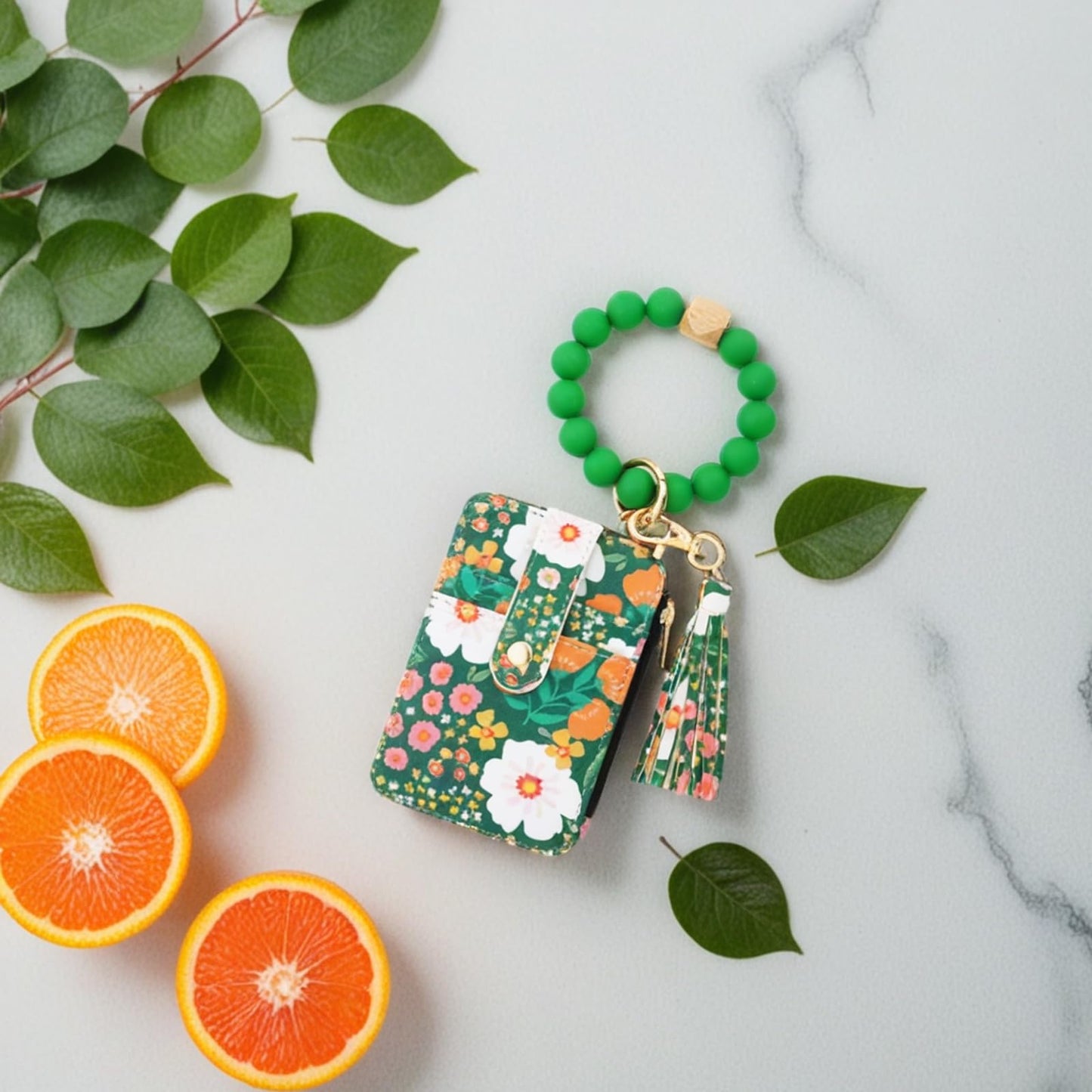 Beaded Keychain Wallet – Silicone Beaded Wristlet with Card Holder, Tassel & Key Ring, Black / Mint Green / Floral Dark Green