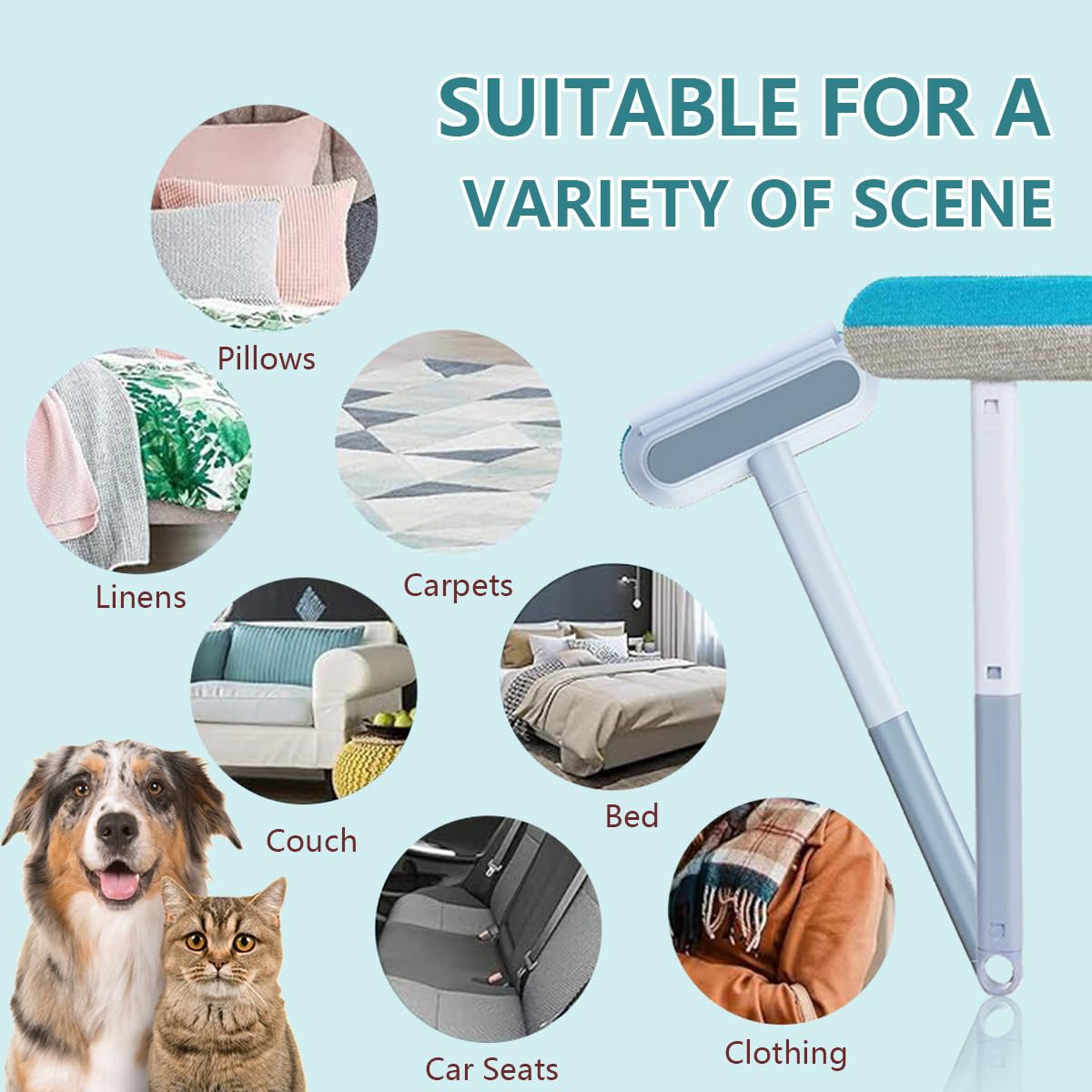 4-in-1 Pet Hair Remover – Reusable Long Handle Brush for Dog and Cat Fur, Washable Lint Cleaner, Gentle on Furniture, Multifunctional Hair Removal Tool