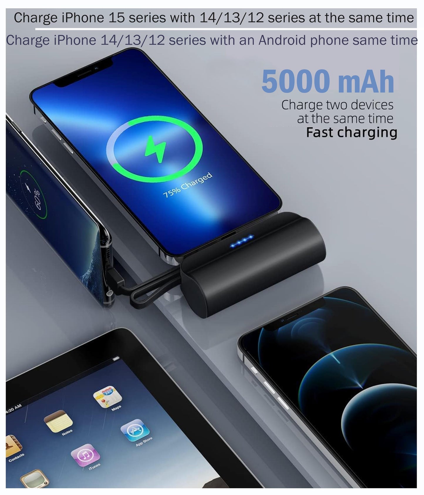 Small Portable Charger USB C, 5000mAh Power Bank with Built-in Type-C Cable Compatible with iPhone 15/15 Plus/15 Pro/15 Pro Max, Android Phones etc